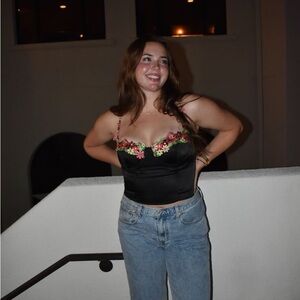 Princess Polly Black Satin Corset-style Top with embroidered floral detail